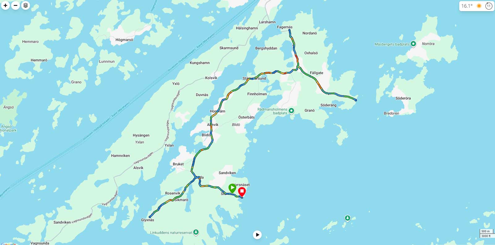 Garmin-karta över en cykelrunda på 30 kilometer på Blidö